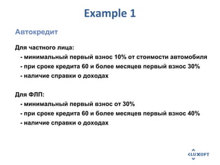 Example 1
Для частного лица:
- минимальный первый взнос 10% от стоимости автомобиля
- при сроке кредита 60 и более месяцев первый взнос 30%
- наличие справки о доходах
Для ФЛП:
- минимальный первый взнос от 30%
- при сроке кредита 60 и более месяцев первый взнос 40%
- наличие справки о доходах
Автокредит
 