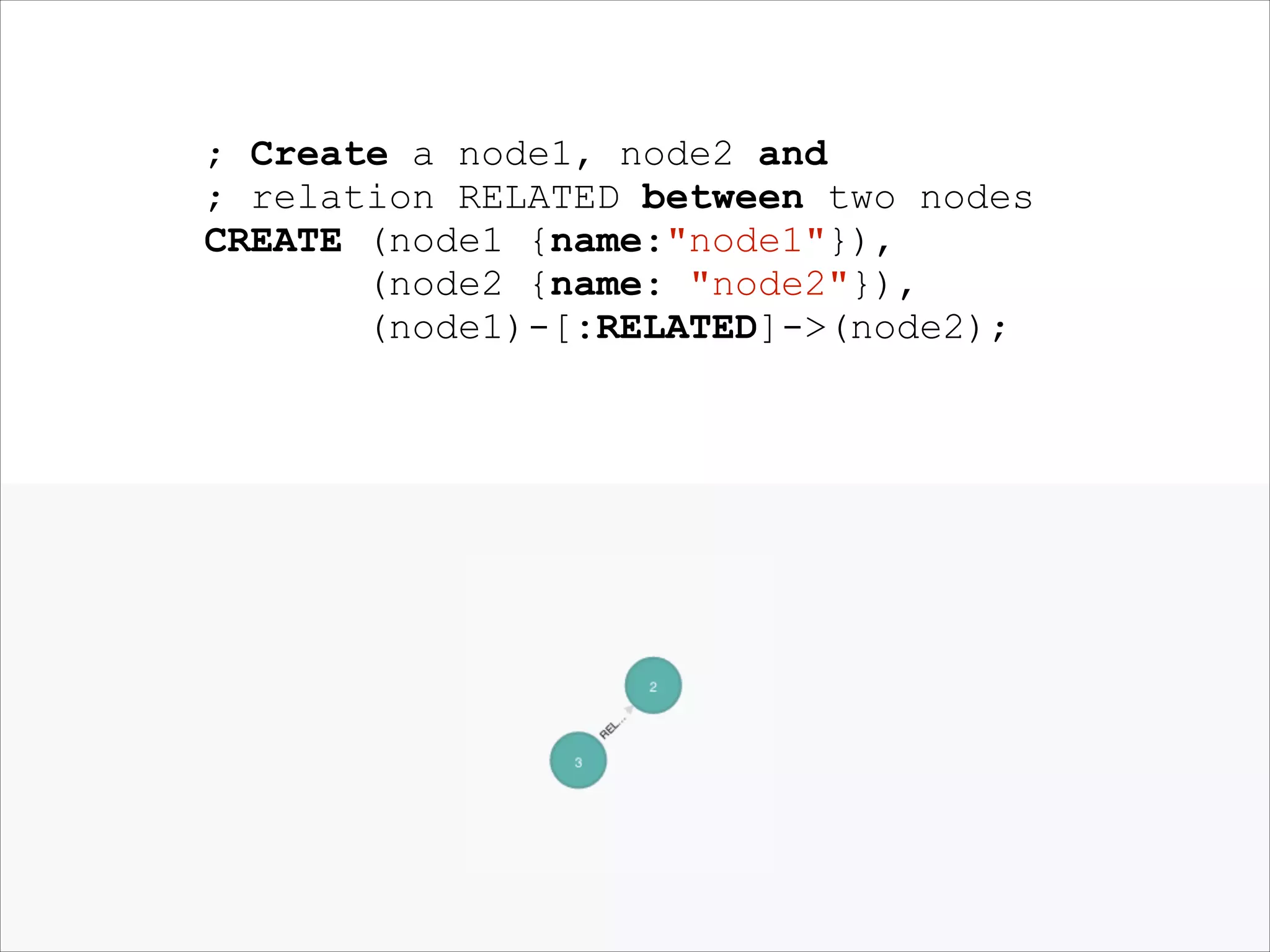 ; Create a node1, node2 and
; relation RELATED between two nodes
CREATE (node1 {name:"node1"}),
(node2 {name: "node2"}),
(node1)-[:RELATED]->(node2);
!

 