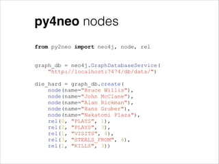 py4neo nodes
from py2neo import neo4j, node, rel
!
!
graph_db = neo4j.GraphDatabaseService(
"http://localhost:7474/db/data/")
!
die_hard = graph_db.create(
node(name="Bruce Willis"),
node(name="John McClane"),
node(name="Alan Rickman"),
node(name="Hans Gruber"),
node(name="Nakatomi Plaza"),
rel(0, "PLAYS", 1),
rel(2, "PLAYS", 3),
rel(1, "VISITS", 4),
rel(3, "STEALS_FROM", 4),
rel(1, "KILLS", 3))

 
