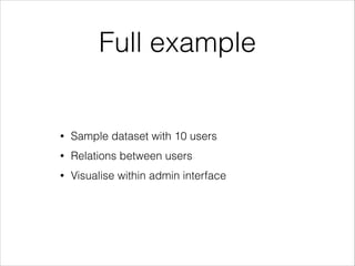 Full example

•

Sample dataset with 10 users

•

Relations between users

•

Visualise within admin interface

 