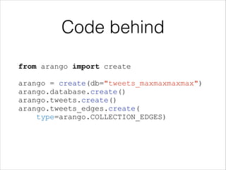 Code behind
from arango import create
!

arango = create(db="tweets_maxmaxmaxmax")
arango.database.create()
arango.tweets.create()
arango.tweets_edges.create(
type=arango.COLLECTION_EDGES)
!

 
