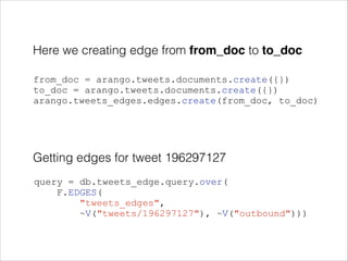 Here we creating edge from from_doc to to_doc
!

from_doc = arango.tweets.documents.create({})
to_doc = arango.tweets.documents.create({})
arango.tweets_edges.edges.create(from_doc, to_doc)

Getting edges for tweet 196297127
query = db.tweets_edge.query.over(
F.EDGES(
"tweets_edges",
~V("tweets/196297127"), ~V("outbound")))

 