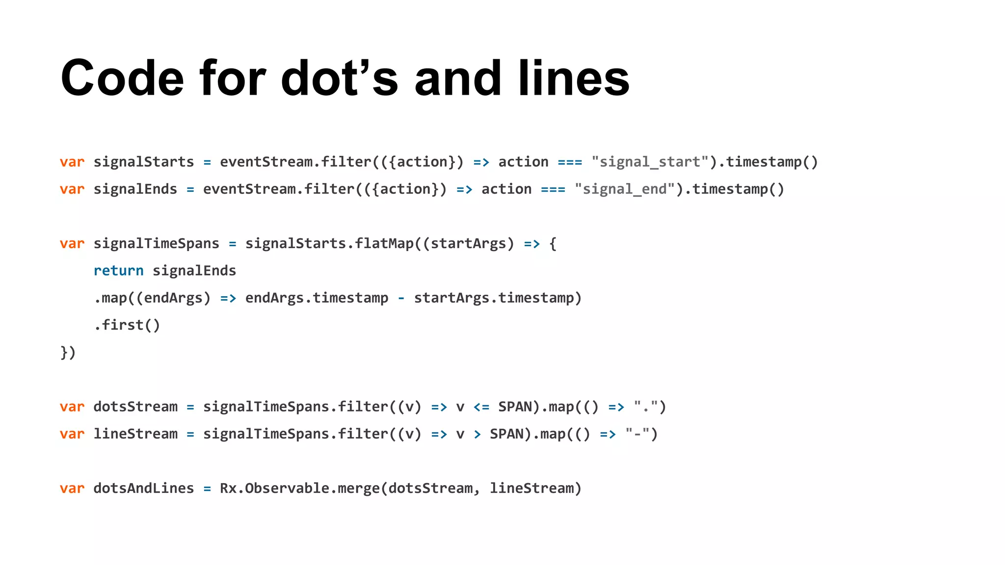 Code for dot’s and lines
var signalStarts = eventStream.filter(({action}) => action === "signal_start").timestamp()
var signalEnds = eventStream.filter(({action}) => action === "signal_end").timestamp()
var signalTimeSpans = signalStarts.flatMap((startArgs) => {
return signalEnds
.map((endArgs) => endArgs.timestamp - startArgs.timestamp)
.first()
})
var dotsStream = signalTimeSpans.filter((v) => v <= SPAN).map(() => ".")
var lineStream = signalTimeSpans.filter((v) => v > SPAN).map(() => "-")
var dotsAndLines = Rx.Observable.merge(dotsStream, lineStream)
 