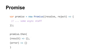 Promise
var promise = new Promise((resolve, reject) => {
// ... some async staff
});
promise.then(
(result) => {},
(error) => {}
)
 