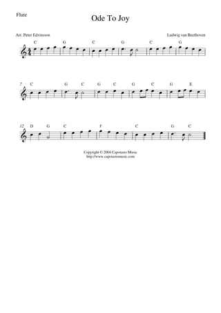 Flute
                           Ode To Joy
Arr. Peter Edvinsson                                      Ludwig van Beethoven




  7




  12




                       Copyright © 2004 Capotasto Music
                        http://www.capotastomusic.com
 