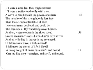 If I were a dead leaf thou mightest bear;
If I were a swift cloud to fly with thee;
A wave to pant beneath thy power, and share 45
The impulse of thy strength, only less free
Than thou, O uncontrollable! if even
I were as in my boyhood, and could be
The comrade of thy wanderings over heaven,
As then, when to outstrip thy skiey speed 50
Scarce seem'd a vision—I would ne'er have striven
As thus with thee in prayer in my sore need.
O! lift me as a wave, a leaf, a cloud!
I fall upon the thorns of life! I bleed!
A heavy weight of hours has chain'd and bow'd 55
One too like thee—tameless, and swift, and proud.
 