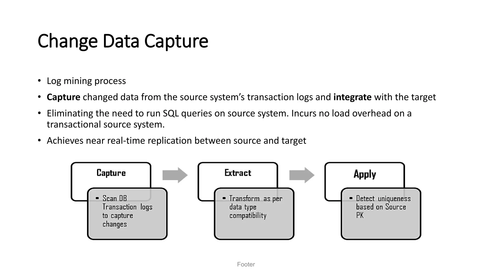 Change Data Capture
• Log mining process
• Capture changed data from the source system’s transaction logs and integrate with the target
• Eliminating the need to run SQL queries on source system. Incurs no load overhead on a
transactional source system.
• Achieves near real-time replication between source and target
Footer
 