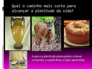 Qual o caminho mais curto para alcançar a plenitude da vida?A paz e a plenitude pressupõem o dever cumprido, a tarefa feita, a lição aprendida.