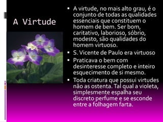 A virtude, no mais alto grau, é o conjunto de todas as qualidades essenciais que constituem o homem de bem. Ser bom, caritativo, laborioso, sóbrio, modesto, são qualidades do homem virtuoso. S. Vicente de Paulo era virtuosoPraticava o bem com desinteresse completo e inteiro esquecimento de si mesmo. Toda criatura que possui virtudes não as ostenta. Tal qual a violeta, simplesmente espalha seu discreto perfume e se esconde entre a folhagem farta.A Virtude