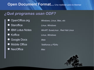 Open Document Format...  Una realidad para la libertad ¿Qué programas usan ODF? OpenOffice.org Windows, Linux, Mac, etc Staroffice Linux, Windows IBM Lotus Notes WinXP, SuseLinux , Red Hat Linux Koffice Linux, Windows Google Docs Web Mobile Office Teléfonos y PDAs NeoOffice Mac 