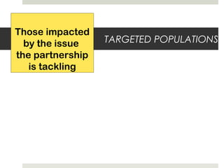 TARGETED POPULATIONS
Those impacted
by the issue
the partnership
is tackling
 