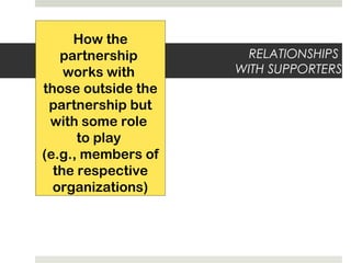 RELATIONSHIPS
WITH SUPPORTERS
How the
partnership
works with
those outside the
partnership but
with some role
to play
(e.g., members of
the respective
organizations)
 