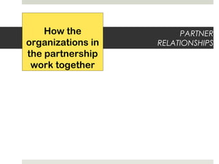 PARTNER
RELATIONSHIPS
How the
organizations in
the partnership
work together
 