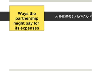 FUNDING STREAMS
Ways the
partnership
might pay for
its expenses
 