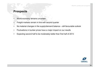 26
Prospects
• World economy remains uncertain
• Freight markets remain in line with second quarter
• No material changes in the supply/demand balance – still favourable outlook
• Fluctuations in bunker prices have a major impact on our results
• Expecting second half to be moderately better than first half of 2013
Market update and prospects
 