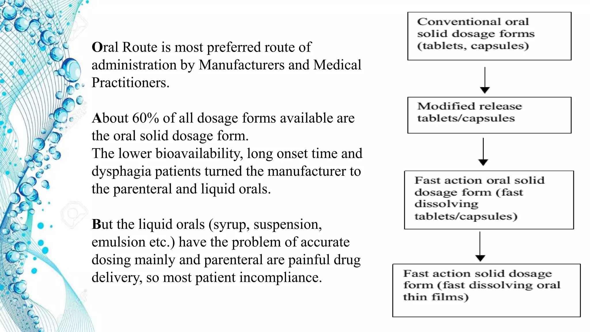 Oral Route is most preferred route of
administration by Manufacturers and Medical
Practitioners.
About 60% of all dosage forms available are
the oral solid dosage form.
The lower bioavailability, long onset time and
dysphagia patients turned the manufacturer to
the parenteral and liquid orals.
But the liquid orals (syrup, suspension,
emulsion etc.) have the problem of accurate
dosing mainly and parenteral are painful drug
delivery, so most patient incompliance.
 