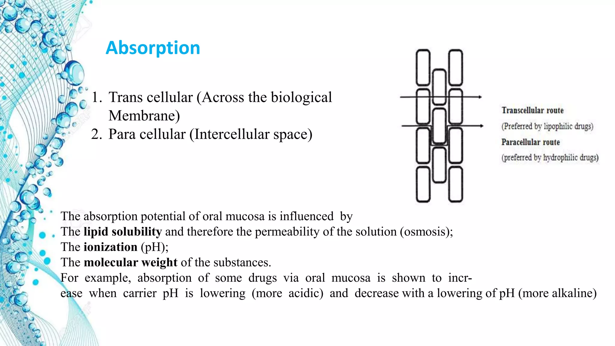 The absorption potential of oral mucosa is influenced by
The lipid solubility and therefore the permeability of the solution (osmosis);
The ionization (pH);
The molecular weight of the substances.
For example, absorption of some drugs via oral mucosa is shown to incr-
ease when carrier pH is lowering (more acidic) and decrease with a lowering of pH (more alkaline)
Absorption
1. Trans cellular (Across the biological
Membrane)
2. Para cellular (Intercellular space)
 