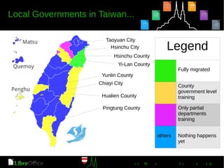 Taoyuan City
Hsinchu City
Hsinchu County
Yunlin County
Chiayi City
Pingtung County
Yi-Lan County
Legend
Fully migrated
County
government level
training
Only partial
departments
training
others Nothing happens
yet
Hualien County
 