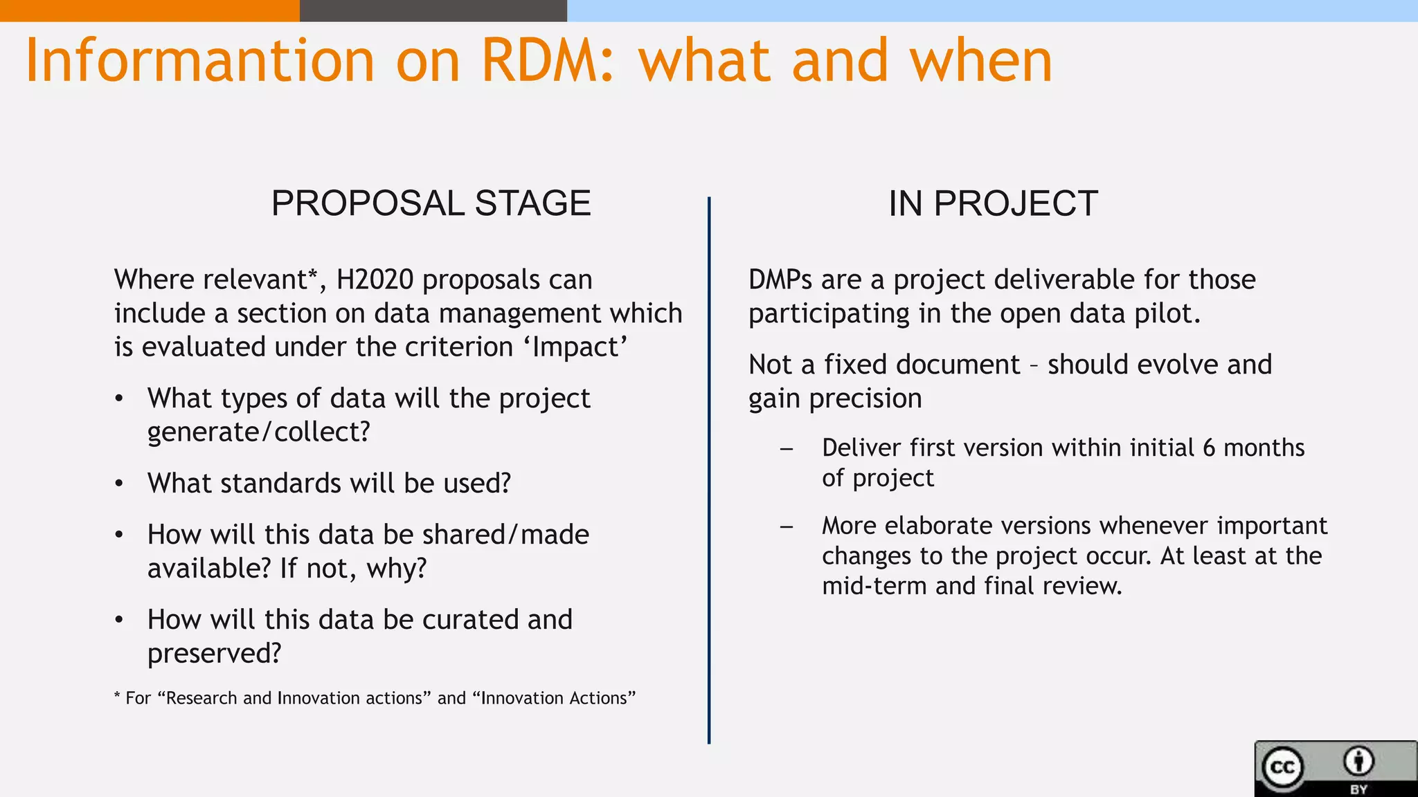 Where relevant*, H2020 proposals can
include a section on data management which
is evaluated under the criterion ‘Impact’
• What types of data will the project
generate/collect?
• What standards will be used?
• How will this data be shared/made
available? If not, why?
• How will this data be curated and
preserved?
* For “Research and Innovation actions” and “Innovation Actions”
DMPs are a project deliverable for those
participating in the open data pilot.
Not a fixed document – should evolve and
gain precision
– Deliver first version within initial 6 months
of project
– More elaborate versions whenever important
changes to the project occur. At least at the
mid-term and final review.
Informantion on RDM: what and when
PROPOSAL STAGE IN PROJECT
 