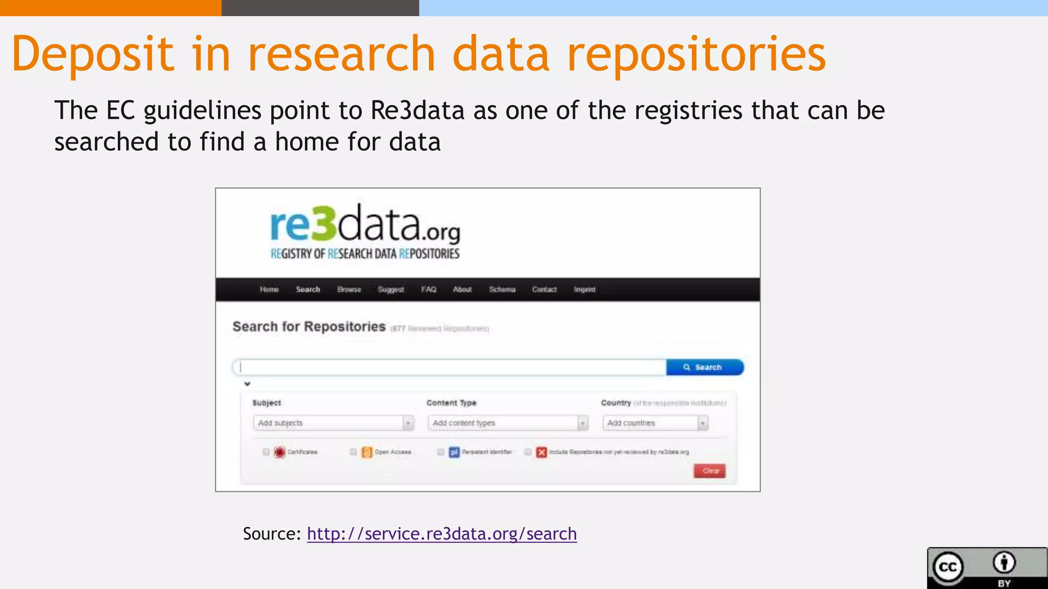 Deposit in research data repositories
The EC guidelines point to Re3data as one of the registries that can be
searched to find a home for data
Source: http://service.re3data.org/search
 