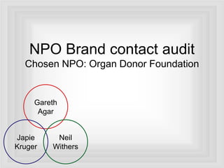 Gareth
Agar
Japie
Kruger
Neil
Withers
NPO Brand contact audit
Chosen NPO: Organ Donor Foundation
 