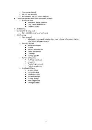 o Structure and depth
         o Recruit and retention
         o Future needs and succession readiness
•   Talent management and talent assessment/analysis
         o Build or acquire
                   Promotion of high potential
                   Early career identification
                   First-time leader
•   On-boarding
•   Competency development
         o Core skills/drivers of good leadership
•   Skills/training
         o Interpersonal
                   Adaptability, teamwork, collaboration, cross cultural, information sharing,
                    trust, listen, self-development
         o Business acumen
                   Business strategies
                   Finance
                   Success identification
                   Global perspective
                   Customer
                   Manage growth
         o Functional expertise
                   Technical excellence
                   Innovation
                   Process improvement
                   Project management
         o Leadership/change
                   Accountability
                   Decision making
                   Developing talent
                   Influence/energy
                   Leading change
                   Producing results
                   Strategic outlook




                                              8
 