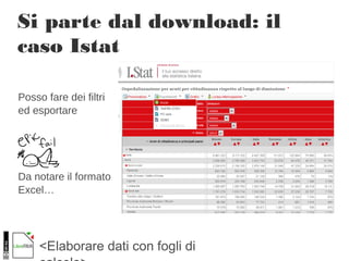 <Elaborare dati con fogli di
Si parte dal download: il
caso Istat
Posso fare dei filtri
ed esportare
Da notare il formato
Excel…
 