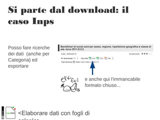 <Elaborare dati con fogli di
Si parte dal download: il
caso Inps
Posso fare ricerche
dei dati (anche per
Categoria) ed
esportare
e anche qui l'immancabile
formato chiuso...
 