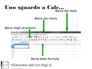 <Elaborare dati con fogli di
Barra del titolo
Barra dei menù
Barre degli strumenti
Barra della formula
Uno sguardo a Calc...
 