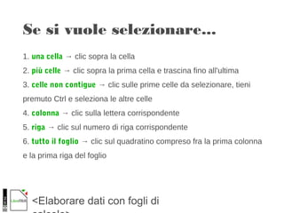 <Elaborare dati con fogli di
Se si vuole selezionare...
1. una cella → clic sopra la cella
2. più celle → clic sopra la prima cella e trascina fino all'ultima
3. celle non contigue → clic sulle prime celle da selezionare, tieni
premuto Ctrl e seleziona le altre celle
4. colonna → clic sulla lettera corrispondente
5. riga → clic sul numero di riga corrispondente
6. tutto il foglio → clic sul quadratino compreso fra la prima colonna
e la prima riga del foglio
 