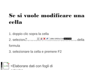<Elaborare dati con fogli di
Se si vuole modificare una
cella
1. doppio clic sopra la cella
2. selezionare la cella e modificare dalla barra della
formula
3. selezionare la cella e premere F2
 
