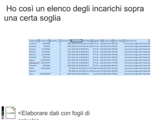 <Elaborare dati con fogli di
Ho così un elenco degli incarichi sopra
una certa soglia
Foto di Geoff Llerena, Flickr
 