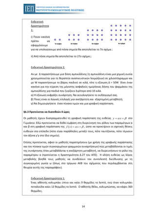 14
Ενδεικτική
δραστηριότητα
1:
i) Ποιoν κανόνα
πρέπει να
εφαρμόσουμε
για να υπολογίσουμε από πόσα σημεία θα αποτελείται το 7ο σχήμα ;
ii) Από πόσα σημεία θα αποτελείται το 27ο σχήμα ;
Ενδεικτική δραστηριότητα 2:
Αν με Δ παραστήσουμε μια δόση αμπικιλλίνης (η αμπικιλλίνη είναι μια χημική ουσία
χρησιμοποιείται για τη θεραπεία αναπνευστικών λοιμώξεων) σε χιλιοστόγραμμα και
με W παραστήσουμε το βάρος παιδιού σε κιλά, τότε η εξίσωση Δ = 50W δίνει έναν
κανόνα για την εύρεση της μέγιστης ασφαλούς ημερήσιας δόσης του φαρμάκου της
αμπικιλλίνης για παιδιά που ζυγίζουν λιγότερο από 10 κιλά.
α) Η εξίσωση εκφράζει συνάρτηση; Να αιτιολογήσετε το συλλογισμό σας.
β) Ποιες είναι οι λογικές επιλογές για ανεξάρτητη και εξαρτημένη μεταβλητή;
γ) Να δημιουργήσετε έναν πίνακα τιμών και μια γραφική παράσταση.
§6.3 Προτείνεται να διατεθούν 4 ώρες
Οι μαθητές έχουν διαπραγματευθεί τη γραφική παράσταση της ευθείας στοy xα β= +
Γυμνάσιο. Εδώ προτείνεται να δοθεί έμφαση στη διερεύνηση του ρόλου των παραμέτρων α
και β στη γραφική παράσταση της , ώστε να προκύψουν οι σχετικές θέσεις( )f x xα β= +
ευθειών στο επίπεδο (πότε είναι παράλληλες μεταξύ τους, πότε ταυτίζονται, πότε τέμνουν
τον άξονα y’y στο ίδιο σημείο).
Επίσης προτείνεται, αφού οι μαθητές παρατηρήσουν (με χρήση της γραφικής παράστασης
και του πίνακα τιμών συγκεκριμένων γραμμικών συναρτήσεων) πώς μεταβάλλονται οι τιμές
της συνάρτησης όταν μεταβάλλεται η ανεξάρτητη μεταβλητή, να διερευνήσουν το ρόλο της
παραμέτρου α (προτείνεται η δραστηριότητα Δ.27 του ΑΠΣ). Η κλήση ευθείας ως λόγος
μεταβολής βοηθά τους μαθητές να συνδέσουν τον συντελεστή διεύθυνσης με τη
συγκεκριμένη γωνία ω (όπως στο τρίγωνο ΑΚΒ του σχήματος που περιλαμβάνεται στη
θεωρία αυτής της παραγράφου).
Ενδεικτική δραστηριότητα 1:
Ένας αθλητής κολυμπάει ύπτιο και καίει 9 θερμίδες το λεπτό, ενώ όταν κολυμπάει
πεταλούδα καίει 12 θερμίδες το λεπτό. Ο αθλητής θέλει, κολυμπώντας, να κάψει 360
θερμίδες.
 
