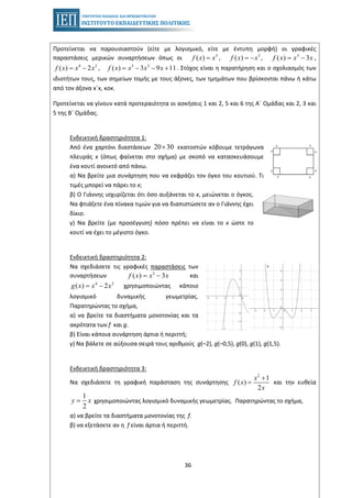 36
Προτείνεται να παρουσιαστούν (είτε με λογισμικό, είτε με έντυπη μορφή) οι γραφικές
παραστάσεις μερικών συναρτήσεων όπως οι , , ,3
( )f x x= 3
( )f x x= − 3
( ) 3f x x x= −
, . Στόχος είναι η παρατήρηση και ο σχολιασμός των4 2
( ) 2f x x x= − 3 2
( ) 3 9 11f x x x x= − − +
ιδιοτήτων τους, των σημείων τομής με τους άξονες, των τμημάτων που βρίσκονται πάνω ή κάτω
από τον άξονα x΄x, κοκ.
Προτείνεται να γίνουν κατά προτεραιότητα οι ασκήσεις 1 και 2, 5 και 6 της Α΄ Ομάδας και 2, 3 και
5 της Β΄ Ομάδας.
Ενδεικτική δραστηριότητα 1:
Από ένα χαρτόνι διαστάσεων εκατοστών κόβουμε τετράγωνα20 30×
πλευράς x (όπως φαίνεται στο σχήμα) με σκοπό να κατασκευάσουμε
ένα κουτί ανοικτό από πάνω.
α) Να βρείτε μια συνάρτηση που να εκφράζει τον όγκο του κουτιού. Τι
τιμές μπορεί να πάρει το x;
β) Ο Γιάννης ισχυρίζεται ότι όσο αυξάνεται το x, μειώνεται ο όγκος.
Να φτιάξετε ένα πίνακα τιμών για να διαπιστώσετε αν ο Γιάννης έχει
δίκιο.
γ) Να βρείτε (με προσέγγιση) πόσο πρέπει να είναι το x ώστε το
κουτί να έχει το μέγιστο όγκο.
Ενδεικτική δραστηριότητα 2:
Να σχεδιάσετε τις γραφικές παραστάσεις των
συναρτήσεων και3
( ) 3f x x x= −
χρησιμοποιώντας κάποιο4 2
( ) 2g x x x= −
λογισμικό δυναμικής γεωμετρίας.
Παρατηρώντας το σχήμα,
α) να βρείτε τα διαστήματα μονοτονίας και τα
ακρότατα των f και g.
β) Είναι κάποια συνάρτηση άρτια ή περιττή;
γ) Να βάλετε σε αύξουσα σειρά τους αριθμούς g(–2), g(–0,5), g(0), g(1), g(1,5).
Ενδεικτική δραστηριότητα 3:
Να σχεδιάσετε τη γραφική παράσταση της συνάρτησης και την ευθεία
2
1
( )
2
x
f x
x
+
=
χρησιμοποιώντας λογισμικό δυναμικής γεωμετρίας. Παρατηρώντας το σχήμα,
1
2
y x=
α) να βρείτε τα διαστήματα μονοτονίας της f.
β) να εξετάσετε αν η f είναι άρτια ή περιττή.
 