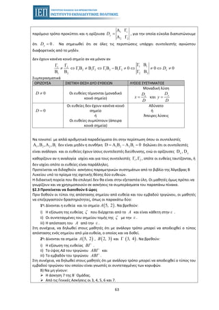 63
παρόμοιο τρόπο προκύπτει και η ορίζουσα
1 1
2 2
Α Γ
Α Γ
yD = , για την οποία εύκολα διαπιστώνουμε
ότι 0yD = . Να σημειωθεί ότι σε όλες τις περιπτώσεις υπάρχει συντελεστής αγνώστου
διαφορετικός από το μηδέν.
Δεν έχουν κανένα κοινό σημείο αν κα μόνον αν
1 11 2
1 2 1 2 1 2 1 2
2 21 2
Γ ΒΓ Γ
ΓΒ Β Γ ΓΒ Β Γ 0 0 0
Γ ΒΒ Β
xD≠ ⇔ ≠ ⇔ − ≠ ⇔ ≠ ⇔ ≠
Συμπερασματικά
ΟΡΙΖΟΥΣΑ ΣΧΕΤΙΚΗ ΘΕΣΗ ΔΥΟ ΕΥΘΕΙΩΝ ΛΥΣΕΙΣ ΣΥΣΤΗΜΑΤΟΣ
0D ≠ Οι ευθείες τέμνονται (μοναδικό
κοινό σημείο)
Μοναδική λύση
και yx
DD
x y
D D
= =
0D =
Οι ευθείες δεν έχουν κανένα κοινό
σημείο
ή
Οι ευθείες συμπίπτουν (άπειρα
κοινά σημεία)
Αδύνατο
ή
Άπειρες λύσεις
• Να τονιστεί με απλά αριθμητικά παραδείγματα ότι στην περίπτωση όπου οι συντελεστές
1 2 2 1Α ,Β ,Α ,Β δεν είναι μηδέν η συνθήκη 1 2 2 1D Α Β Α Β 0= − = δηλώνει ότι οι συντελεστές
είναι ανάλογοι και οι ευθείες έχουν ίσους συντελεστές διεύθυνσης, ενώ οι ορίζουσες x yD , D
καθορίζουν αν η αναλογία ισχύει και για τους συντελεστές 1 2Γ ,Γ , οπότε οι ευθείες ταυτίζονται, ή
δεν ισχύει οπότε οι ευθείες είναι παράλληλες.
• Προτείνεται να διδαχθούν ασκήσεις παραμετρικών συστημάτων από το βιβλίο της Άλγεβρας Β
Λυκείου υπό το πρίσμα της σχετικής θέσης δύο ευθειών.
• Η διδακτική πορεία που θα επιλεγεί δεν θα είναι στην εξεταστέα ύλη. Οι μαθητές όμως πρέπει να
γνωρίζουν και να χρησιμοποιούν σε ασκήσεις τα συμπεράσματα του παραπάνω πίνακα.
§2.3 Προτείνεται να διατεθούν 6 ώρες
Πριν δοθούν οι τύποι της απόστασης σημείου από ευθεία και του εμβαδού τριγώνου, οι μαθητές
να επεξεργαστούν δραστηριότητες, όπως οι παρακάτω δύο:
1η: Δίνονται η ευθεία και το σημείο ( )5, 2A . Να βρεθούν:
i) Η εξίσωση της ευθείας ζ που διέρχεται από το A και είναι κάθετη στην ε .
ii) Οι συντεταγμένες του σημείου τομής της ζ με την ε .
iii) Η απόσταση του A από την ε .
Στη συνέχεια, να δηλωθεί στους μαθητές ότι με ανάλογο τρόπο μπορεί να αποδειχθεί ο τύπος
απόστασης ενός σημείου από μία ευθεία, ο οποίος και να δοθεί.
2η: Δίνονται τα σημεία ( )5, 2A , ( )2, 3B και ( )Γ 3, 4 . Να βρεθούν:
i) Η εξίσωση της ευθείας ΒΓ .
ii) Το ύψος ΑΔ του τριγώνου ΑΒΓ και
iii) Το εμβαδόν του τριγώνου ΑΒΓ .
Στη συνέχεια, να δηλωθεί στους μαθητές ότι με ανάλογο τρόπο μπορεί να αποδειχθεί ο τύπος του
εμβαδού τριγώνου του οποίου είναι γνωστές οι συντεταγμένες των κορυφών.
Β) Να μη γίνουν:
Η άσκηση 7 της Β΄ Ομάδας.
Από τις Γενικές Ασκήσεις οι 3, 4, 5, 6 και 7.
 