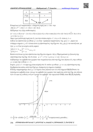 Ο∆ΗΓΟΣ ΕΠΑΝΑΛΗΨΗΣ Μαθηµατικά Γ’ Λυκείου mathhmagic.blogspot.gr
ΕΠΙΜΕΛΕΙΑ:ΜΗΤΑΛΑΣ Γ.,∆ΡΟΥΓΑΣ Α.,ΧΑ∆ΟΣ Χ.,ΓΕΡΜΑΝΟΣ Ξ.,ΠΑΤΣΗΣ Σ.196
Επομένως η f παρουσιάζει ελάχιστη τιμή για ln=x λ την
ln
(ln ) ln ln (1 ln )= − = − = −f e λ
λ λ λ λ λ λ λ λ
iii)Έχουμε τις εξής ισοδυναμίες:
0
( , ) ( 0, ) ( ( ) 0, ) min ( ) 0 (1 ln ) 0 1 ln 0
1 ln
>
≥ ∈ ⇔ − ≥ ∈ ⇔ ≥ ∈ ⇔ ≥ ⇔ − ≥ ⇔ − ≥ ⇔
⇔ ≥ ⇔ ≤
ℝ ℝ ℝx x
e x x e x x f x x f x
e
λ
λ λ λ λ λ
λ λ
Άρα, η μεγαλύτερη τιμή του λ, για την οποία ισχύει ,≥ ∈ ℝx
e x xλ είναι η = eλ
iv)Για να εφάπτεται η ευθεία =y ex στην γραφική παράσταση της ( ) = x
g x e , αρκεί να
υπάρχει σημείο 0
∈ℝx τέτοιο ώστε η εφαπτομένη της Cg στο 0 0
( , ( ))A x g x να ταυτίζεται με
την =y ex .Για να ισχύει αυτό, αρκεί:
0
0
0 0 0
0
0
( )
1
'( )
 = ⋅ = ⋅ 
⇔ ⇔ = 
= =  
x
x
g x e x e e x
x
g x e e e
Κατά συνέπεια η y=ex εφάπτεται της Cg στο σημείο (1, )A e .Πραγματικά η εξίσωση της
εφαπτόμενης της Cg στο Α είναι 0 0
0
( ) ( 1)− = − ⇔ − = − ⇔ =x x
y e e x x y e e x y ex
iv)Ζητούμε το εμβαδό του χωρίου που περικλείεται από την Cg, τον άξονα x’x, την ευθεία
=y ex και την ευθεία 1= −x .
Ισχύει '( ) 0= >x
g x e άρα η g είναι κυρτή στο ℝ οπότε η ευθεία =y ex ως εφαπτόμενη της
Cg βρίσκεται κάτω από την Cg ( με εξαίρεση το σημείο επαφής)
Επίσης παρατηρούμε ότι η =y ex τέμνει τους άξονα των x’x στο σημείο Ο(0,0).Οποτε το
ζητούμενο εμβαδό είναι ίσο με το εμβαδό του χωρίου που ορίζεται από την Cg, τον άξονα
των x’x και τις ευθείες x=1,x=-1 μείον το εμβαδό του τριγώνου ΟΑΒ, όπου Β(1,0).Δηλαδη:
1 2
1
1
1
( )( ) 1 2
( )
2 2 2−
−
−
 = − = − = − − = ∫
x x OB AB e e
E e dx OAB e e
e e
τετραγωνικές μονάδες .
Α(1,e)
O B
y=ex
 