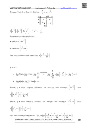 Ο∆ΗΓΟΣ ΕΠΑΝΑΛΗΨΗΣ Μαθηµατικά Γ’ Λυκείου mathhmagic.blogspot.gr
ΕΠΙΜΕΛΕΙΑ:ΜΗΤΑΛΑΣ Γ.,∆ΡΟΥΓΑΣ Α.,ΧΑ∆ΟΣ Χ.,ΓΕΡΜΑΝΟΣ Ξ.,ΠΑΤΣΗΣ Σ. 243
Έχουμε: f΄΄(x) = 0 ⇔ 2lnx + 3 = 0 ⇔ lnx = –
3
2
⇔ x =
3
2
e
−
.
23 3 3
32 2 2
3
3 3
f e e ln e e
2 2e
− − −
−     
= ⋅ = − ⋅ = −     
     
.
Επομένως η συνάρτηση f είναι:
• κοίλη στο
3
2
0,e
− 
 
 
• κυρτή στο
3
2
e ,
− 
+∞
 
.
Άρα παρουσιάζει σημείο καμπής το
3
2
3
3
M e ,
2e
− 
− 
 
.
γ. Είναι:
• ( )
( ) 4 2DeL΄Hospital
2
2
x 0 x 0 x 0 x 0 x 0 x 0
2 4
1
ln x x xxlim f x lim x ln x= lim lim lim lim 0
1 2x 2x 2
x x
+ + + + + +
→ → → → → →
 
= = = − = − = 
 −
• ( ) ( )2
x x
lim f x lim x ln x
→+∞ →+∞
= ⋅ = +∞ .
Επειδή η f είναι γνησίως φθίνουσα και συνεχής στο διάστημα
1
2
0,e
− 
 
 
, είναι
1
2
1
f 0,e ,0
2e
−    
= −        
.
Επειδή η f είναι γνησίως αύξουσα και συνεχής στο διάστημα
1
2
e ,
− 
+∞
 
, είναι
1
2
1
f e , ,
2e
−    
+∞ = − +∞       
.
Άρα το σύνολο τιμών της f είναι ( )( ) 1 1 1
f 0, ,0 , ,
2e 2e 2e
     
+∞ = − ∪ − +∞ = − +∞         
.
 