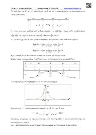 Ο∆ΗΓΟΣ ΕΠΑΝΑΛΗΨΗΣ Μαθηµατικά Γ’ Λυκείου mathhmagic.blogspot.gr
ΕΠΙΜΕΛΕΙΑ:ΜΗΤΑΛΑΣ Γ.,∆ΡΟΥΓΑΣ Α.,ΧΑ∆ΟΣ Χ.,ΓΕΡΜΑΝΟΣ Ξ.,ΠΑΤΣΗΣ Σ.354
Το πρόσηµο της f΄΄ με την κυρτότητα της f και τα σημεία καμπής της φαίνονται στον
επόμενο πίνακα:
Η f είναι κυρτή σε καθένα από τα διαστήματα (−∞,− α ], [ α ,+∞) και κοίλη στο διάστημα
[− α , α ]. Έχει σημεία καμπής τα (− α ,1/4α2) και ( α ,1/4α2).
Η f, ως συνεχής στο ℝ , δεν έχει κατακόρυφες ασύμπτωτες. Στα +∞ και −∞ έχουμε:
( ) 2 2 2x x x
1 1
lim f x lim lim 0
x 3α x→+∞ →+∞ →+∞
= = =
+
( ) 2 2 2x x x
1 1
lim f x lim lim 0
x 3α x→−∞ →−∞ →−∞
= = =
+
Άρα έχει οριζόντια ασύμπτωτη στο +∞ και στο −∞ τον άξονα των x.
Σύμφωνα με τα παραπάνω συμπληρώνουμε τον επόμενο πίνακα μεταβολών:
Η γραφική παράσταση της f δίνεται στο επόμενο σχήμα:
Παρατήρηση: Η f είναι άρτια αφού για κάθε x ∈ℝ το x− ∈ℝ και
( )
( )
( )2 2 22
1 1
f x f x
x 3αx 3α
− = = =
+− +
Επομένως μπορούμε να την μελετήσουμε στο διάστημα [0,+∞) και να επεκτείνουμε τα
συμπεράσματα στο ℝ .
 