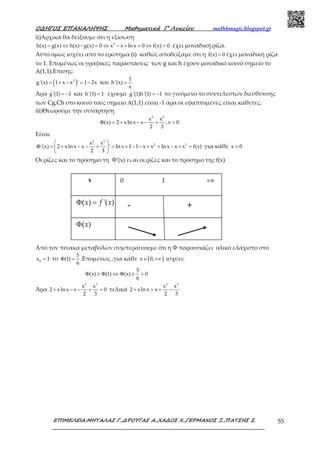 Ο∆ΗΓΟΣ ΕΠΑΝΑΛΗΨΗΣ Μαθηµατικά Γ’ Λυκείου mathhmagic.blogspot.gr
ΕΠΙΜΕΛΕΙΑ:ΜΗΤΑΛΑΣ Γ.,∆ΡΟΥΓΑΣ Α.,ΧΑ∆ΟΣ Χ.,ΓΕΡΜΑΝΟΣ Ξ.,ΠΑΤΣΗΣ Σ. 55
ii)Αρχικά θα δείξουμε ότι η εξίσωση
2
h(x) g(x) h(x) g(x) 0 x x lnx 0 f(x) 0= ⇔ − = ⇔ − + = ⇔ = έχει μοναδική ρίζα.
Αυτό όμως ισχύει από το ερώτημα (i) καθώς αποδείξαμε ότι η f(x) 0= έχει μοναδική ρίζα
το 1. Επομένως οι γραφικές παραστάσεις των g και h έχουν μοναδικό κοινό σημείο το
Α(1,1).Επισης:
( )2
g'(x) 1 x x ' 1 2x= + − = − και
1
h'(x)
x
=
Άρα g'(1) 1= − και h'(1) 1= έχουμε g'(1)h'(1) 1= − το γινόμενο το συντελεστών διεύθυνσης
των Cg,Ch στο κοινό τους σημείο Α(1,1) είναι -1 άρα οι εφαπτομένες είναι κάθετες.
iii)Θεωρούμε την συνάρτηση
2 3
x x
(x) 2 xln x x ,x 0
2 3
Φ = + − − + >
Είναι
2 3
2 2x x
'(x) 2 xlnx x ' lnx 1 1 x x lnx x x f(x)
2 3
 
Φ = + − − + = + − − + = − + = 
 
για κάθε x 0>
Οι ρίζες και το πρόσημο τη Φ’(x) ει αι οι ρίζες και το πρόσημο της f(x)
Από τον πίνακα μεταβολών συμπεραίνουμε ότι η Φ παρουσιάζει ολικό ελάχιστο στο
0
x 1= το
5
(1)
6
Φ = .Επομένως ,για κάθε ( )x 0,∈ +∞ ισχύει:
5
(x) (1) (x) 0
6
Φ ≥ Φ ⇔ Φ ≥ >
Άρα
2 3
x x
2 xln x x 0
2 3
+ − − + > τελικά
2 3
x x
2 xln x x
2 3
+ > + −
( ) '( )x f xΦ = - +
x 0 1 +∞
( )xΦ
 