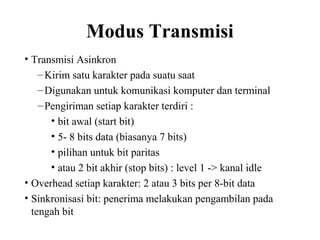 Modus Transmisi
• Transmisi Asinkron
–Kirim satu karakter pada suatu saat
–Digunakan untuk komunikasi komputer dan terminal
–Pengiriman setiap karakter terdiri :
• bit awal (start bit)
• 5- 8 bits data (biasanya 7 bits)
• pilihan untuk bit paritas
• atau 2 bit akhir (stop bits) : level 1 -> kanal idle
• Overhead setiap karakter: 2 atau 3 bits per 8-bit data
• Sinkronisasi bit: penerima melakukan pengambilan pada
tengah bit
 
