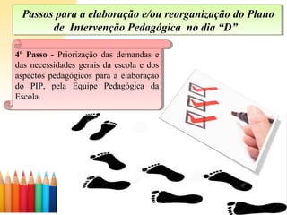 Passos para a elaboração e/ou reorganização do Plano
de Intervenção Pedagógica no dia “D”
Passos para a elaboração e/ou reorganização do Plano
de Intervenção Pedagógica no dia “D”
4º Passo - Priorização das demandas e
das necessidades gerais da escola e dos
aspectos pedagógicos para a elaboração
do PIP, pela Equipe Pedagógica da
Escola.
4º Passo - Priorização das demandas e
das necessidades gerais da escola e dos
aspectos pedagógicos para a elaboração
do PIP, pela Equipe Pedagógica da
Escola.
 