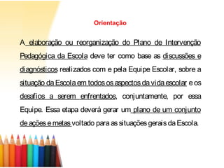 Orientação
A elaboração ou reorganização do Plano de Intervenção
Pedagógica da Escola deve ter como base as discussões e
diagnósticos realizados com e pela Equipe Escolar, sobre a
situação daEscolaem todososaspectosdavidaescolar eos
desafios a serem enfrentados, conjuntamente, por essa
Equipe. Essa etapa deverá gerar um plano de um conjunto
deaçõesemetasvoltado paraassituaçõesgeraisdaEscola.
 