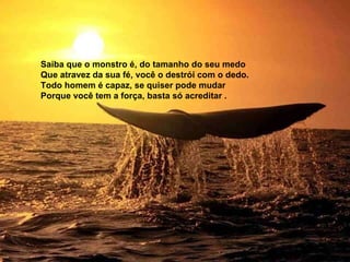 Saiba que o monstro é, do tamanho do seu medo  Que atravez da sua fé, você o destrói com o dedo.  Todo homem é capaz, se quiser pode mudar  Porque você tem a força, basta só acreditar . 