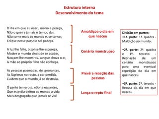 Estrutura interna
                                 Desenvolvimento do tema


O dia em que eu nasci, morra e pereça,
Não o queira jamais o tempo dar,             Amaldiçoa o dia em    Divisão em partes:
Não torne mais ao mundo e, se tornar,           que nasceu         •1ª. parte: 1ª. quadra -
Eclipse nesse passo o sol padeça.                                  Maldição ao mundo.

A luz lhe falte, o sol se lhe escureça,                            •2ª. parte: 2ª. quadra
                                             Cenário monstruoso
Mostre o mundo sinais de se acabar,                                e    1º.   terceto   -
Nasçam-lhe monstros, sangue chova o ar,                            Recriação    de    um
A mãe ao próprio filho não conheça.                                cenário    monstruoso
                                                                   para uma eventual
As pessoas pasmadas, de ignorantes,                                repetição do dia em
As lágrimas no rosto, a cor perdida,         Prevê a reacção das   que nasceu.
Cuidem que o mundo já se destruiu.                 pessoas
                                                                   •3ª. parte: 2º. terceto -
Ó gente temerosa, não te espantes,                                 Recusa do dia em que
Que este dia deitou ao mundo a vida          Lança o repto final   nasceu.
Mais desgraçada que jamais se viu!
 