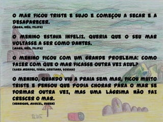 O mar ficou triste e sujo e começou a secar e a
desaparecer.
(Mara, Inês, Filipa)
O menino estava infeliz. Queria que o seu mar
voltasse a ser como dantes.
(Mara, Inês, Filipa)
O menino ficou com um grande problema: como
fazer com que o mar ficasse outra vez azul?
(Sara Mendes, Fábia, Cristiana, Soraia)
O menino, quando viu a praia sem mar, ficou muito
triste e pensou que podia chorar para o mar se
formar outra vez, mas uma lágrima não faz
crescer o mar.
(Henrique, Marcel, Ruben)
 