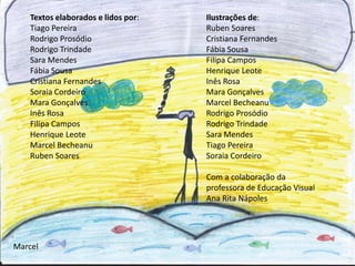 Marcel
Textos elaborados e lidos por:
Tiago Pereira
Rodrigo Prosódio
Rodrigo Trindade
Sara Mendes
Fábia Sousa
Cristiana Fernandes
Soraia Cordeiro
Mara Gonçalves
Inês Rosa
Filipa Campos
Henrique Leote
Marcel Becheanu
Ruben Soares
Ilustrações de:
Ruben Soares
Cristiana Fernandes
Fábia Sousa
Filipa Campos
Henrique Leote
Inês Rosa
Mara Gonçalves
Marcel Becheanu
Rodrigo Prosódio
Rodrigo Trindade
Sara Mendes
Tiago Pereira
Soraia Cordeiro
Com a colaboração da
professora de Educação Visual
Ana Rita Nápoles
 