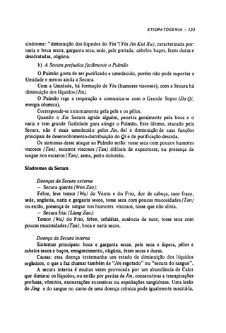 ETIOPATOGENIA - 123 
síndrome: "diminuição dos líquidos do Yin"! Yin Jin Kui Xu}, caracterizada por: 
nariz e boca secos, garganta seca, sede, pele gretada, cabelos baços, fezes duras e 
desidratadas, oligúria. 
b) A Secura prejudica facilmente o Pulmão 
O Pulmão gosta de ser purificado e umedecido, porém não pode suportar a 
Umidade e menos ainda a Secura. 
Com a Umidade, há formação de Yin (humores viscosos), com a Secura há 
diminuição dos líquidos [Jin}: 
O Pulmão rege a respiração e comunica-se com o Grande Sopro (Da Qi, 
energia cósmica). 
Corresponde-se externamente pela pele e os pêlos. 
Quando o Xie Secura agride alguém, penetra geralmente pela boca e o 
nariz e tem grande facilidade para atingir o Pulmão. Este último, atacado pela 
Secura, não é mais umedecido pelos Jin, daí a diminuição de suas funções 
principais de desenvolvimento-distribuição do Qi e de purificação..descida. 
Os sintomas desse ataque ao Pulmão serão: tosse seca com poucos humores 
viscosos (Tan) , escarros viscosos (Tan) difíceis de expectorar, ou presença de 
sangue nos escarros {Tan), asma, peito dolorido. 
Síndromes da Secura 
Doenças da Secura externa 
- Secura quente (Wen Zao ): . 
Febre, leve temor (Wu) do Vento e do Frio, dor de cabeça, suor fraco, 
sede, angústia, nariz e garganta secos, tosse seca com poucas mucosidades [Tan) 
ou então, presença de sangue nos humores viscosos, tosse que não alivia. 
- Secura fria: (Liang Zao): 
Temor (Wu) do Frio, febre, cefaléias, ausência de suor, tosse seca com 
poucas mucosidades (Tan}, boca e nariz secos. 
Doença da Secura interna 
Sintomas principais: boca e garganta secas, pele seca e áspera, pêlos e 
cabelos secos e baços, emagrecimento, oligúria, fezes secas e duras. 
Causas: essa doença testemunha um estado de diminuição dos líquidos 
orgânicos, o que a faz chamar também de "Jin esgotado" ou "secura do sangue". 
A secura interna é muitas vezes provocada por um abundância de Calor 
que diminui os líquidos, ou então por perdas de Jin, consecutivas a transpirações 
profusas, vômitos, exonerações excessivas ou espoliações sangüíneas. Uma lesão 
do Jing e do sangue no curso de urna doença crônica pode igualmente suscitá-la. 
 