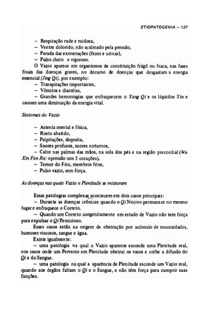 ETIOPA TOGENIA - 137 
- Respiração rude e ruidosa, 
- Ventre dolorido, não acalmado pela pressão, 
- Parada das exonerações (fezes e urinas), 
- Pulso cheio e vigoroso. 
O Vazio aparece em organismos de constituição frágil ou fraca, nas fases 
finais das doenças graves, no decurso de doenças que desgastam a energia 
essencial(Jing Qi), por exemplo: 
- Transpirações importan tes, 
- Võmítos e diarréias, 
- Grandes hemorragias que enfraquecem o Yang Qi e os líquidos Yin e 
causamuma diminuição da energia vital. 
Sintomas do Vazio 
- Asteniamental e física, 
- Rosto abatido, 
- Palpitações, díspnéia, 
- Suores profusos, suores notumos, 
- Calor nas palmas das mãos, na sola dos pés e na região precordial (Wu 
Xin FanRe: opressão nos 5 corações). 
- Temor do Frio, membros frios, 
- Pulso vazio, sem força. 
As doenças nas quais Vazio e Plenitude semisturam 
Essaspatologias complexasacontecem em dois casos principais: 
- Durante as doenças crônicas quando o Qi Nocivo permanece no mesmo 
lugare enfraquece o Correto. 
- Quando um Correto congenitamente emestado de Vazio não tem força 
para expulsar o Qi Pernicioso. 
Esses casos estão na origem de obstrução por acúmulo de mucosidades, 
humoresviscosos, sangue e água. 
Existe igualmente: 
- uma patologia na qual o Vazio aparente esconde uma Plenitude real, 
nos casos onde um Perverso em Plenitude obstrui os vasos e coibe a difusão do 
Qi e do Sangue. 
- uma patologia na qual a aparência de Plenitude esconde um Vazio real, 
quando aos órgãos faltam o Qi e o Sangue, e não têm força para cumprir suas 
funções. 
 