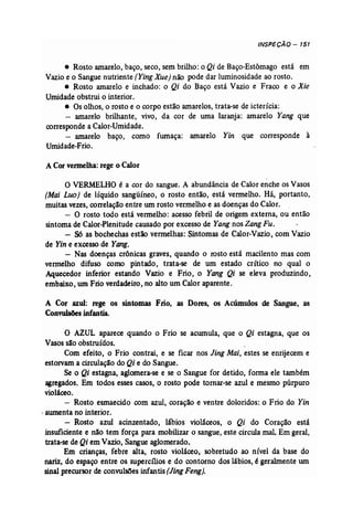 INSPECÃO - 151 
• Rosto amarelo, baço, seco, sem brilho: o Qi de Baço-Estômago -está em 
Vazio e o Sangue nutriente (Yi1Jg Xue} não pode dar luminosidade ao rosto. 
• Rosto amarelo e inchado: o Qi do Baço está Vazio e -"Fraco e o Xie 
Umidade obstrui o interior. 
• Osolhos, o rosto e o corpo estão amarelos, trata-se de icterícia: 
- amarelo brilhante, vivo, da cor de uma laranja: amarelo Yang que 
corresponde a Calor-Umidade. 
- amarelo baço, como fumaça: amarelo Yin que corresponde à 
Umidade-Frio. 
ACor vennelha:rege o Calor 
O VERMELHO é a cor do sangue. A abundância de Calor enche os Vasos 
(Mai Luo} de líquido sangüíneo, o rosto então, está vermelho. Há, portanto, 
muitas vezes, correlação entre um rosto vermelho e as doenças do Calor. . 
- O rosto todo está vermelho: acesso febril de origem externa, ou então 
sintoma de Calor-Plenitude causado por excesso de Yang nos Zang Fu. 
- Só as bochechas estão vermelhas: Sintomas de Calor-Vazio, com Vazio 
de Yin e excesso de Yang, 
- Nas doenças crônicas graves, quando o rosto está macilento mas com 
vermelho difuso corno pintado, trata-se de um estado crítico no qual o 
Aquecedor inferior estando Vazio e Frio, o Yang Qi se eleva produzindo, 
embaixo, um Frio verdadeiro, no alto um Calor aparente. 
A Cor azul: rege os sintomas Frio, as Dores, os Acúmulos de Sangue, as 
Convulsões infantis. 
O AZUL aparece quando o Frio se acumula, que o Qi estagna, que os 
Vasas são obstruídos. 
Com efeito, o Frio contrai, e se ficar nos Jing Mai, estes se enrijecem e 
estorvam a circulação do Qi e do Sangue. 
Se o Qi estagna, aglomera-se e se o Sangue for detido, forma ele também 
agregados. Em todos esses casos, o rosto pode tornar-se azul e mesmo púrpura 
violáceo. 
- Rosto esmaecido com azul, coração e ventre doloridos: o Frio do Yin 
, awnenta no interior. 
- Rosto azul acinzentado, lábios violáceos, o Qi do Coração está 
insuficiente e não tem força para mobilizar, o sangue, este circula mal. Em geral, 
trata-se de Qi em Vazio, Sangue aglomerado. 
Em crianças, febre alta, rosto violáceo, sobretudo ao nível da base do 
nariz, do espaço entre os supercílios e do contorno dos lábios, é geralmente um 
sinal precursor deconvulsões infantis (Jing Feng). 
 