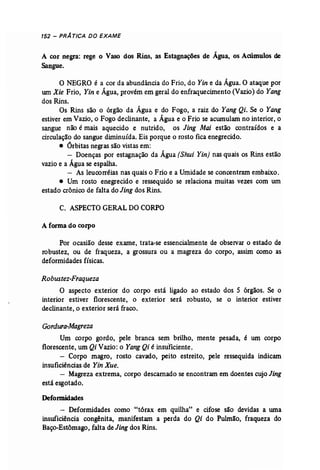 152 - PRATICA DO EXAME 
A cor negra: rege o Vaso dos Rins, as Estagnações de Água, os Acúmulos de 
Sangue. 
o NEGRO é a cor da abundância do Frio, do Yin e da Água. O ataque por 
um Xie Frio, Yin e Água, provém em geral do enfraquecimento (Vazio) do Yang 
dos Rins. 
Os Rins são o órgão da Água e do Fogo, a raiz do Yang Qi. Se o Yang 
estiver em Vazio, o Fogo declinante, a Água e o Frio se acumulam no interior, o 
sangue não é mais aquecido e nutrido, os Jing Mai estão contraídos e a 
circulação do sangue diminuída. Eis porque o rosto fica enegrecido. 
• Órbitas negras são vistas em: 
- Doenças por estagnação da Água (Shui Yin] nas quais os Rins estão 
vazio e a Água se espalha. 
- As leucorréias nas quais o Frio e a Umidade se concentram embaixo. 
• Um rosto enegrecido e ressequido se relaciona muitas vezes com um 
estado crônico de falta do Jing dos Rins. 
C. ASPECTO GERAL DO CORPO 
A forma do corpo 
Por ocasião desse exame, trata-se essencialmente de observar o estado de 
robustez, ou de fraqueza, a grossura ou a magreza do corpo, assim como as 
deformidades físicas. 
Robustez-Fraqueza 
O aspecto exterior do corpo está ligado ao estado dos 5 órgãos. Se o 
interior estiver florescente, o exterior será robusto, se o interior estiver 
declinante, o exterior será fraco. 
Gordura-Magreza 
Um corpo gordo, Pele branca sem brilho, mente pesada, é um corpo 
florescente, um Qi Vazio: o Yang Qi é insuficiente. 
- Corpo magro, rosto cavado, peito estreito, pele ressequida indicam 
insuficiências de Yin Xue. 
- Magreza extrema, corpo descamado se encontram em doentes cujo Jing 
está esgotado. 
Defonnidades 
- Deformidades como "tórax em quilha" e cifose são devidas a uma 
insuficiência congênita, manifestam a perda do Qi do Pulmão, fraqueza do 
Baço-Estômago, falta de Jing dos Rins. 
 